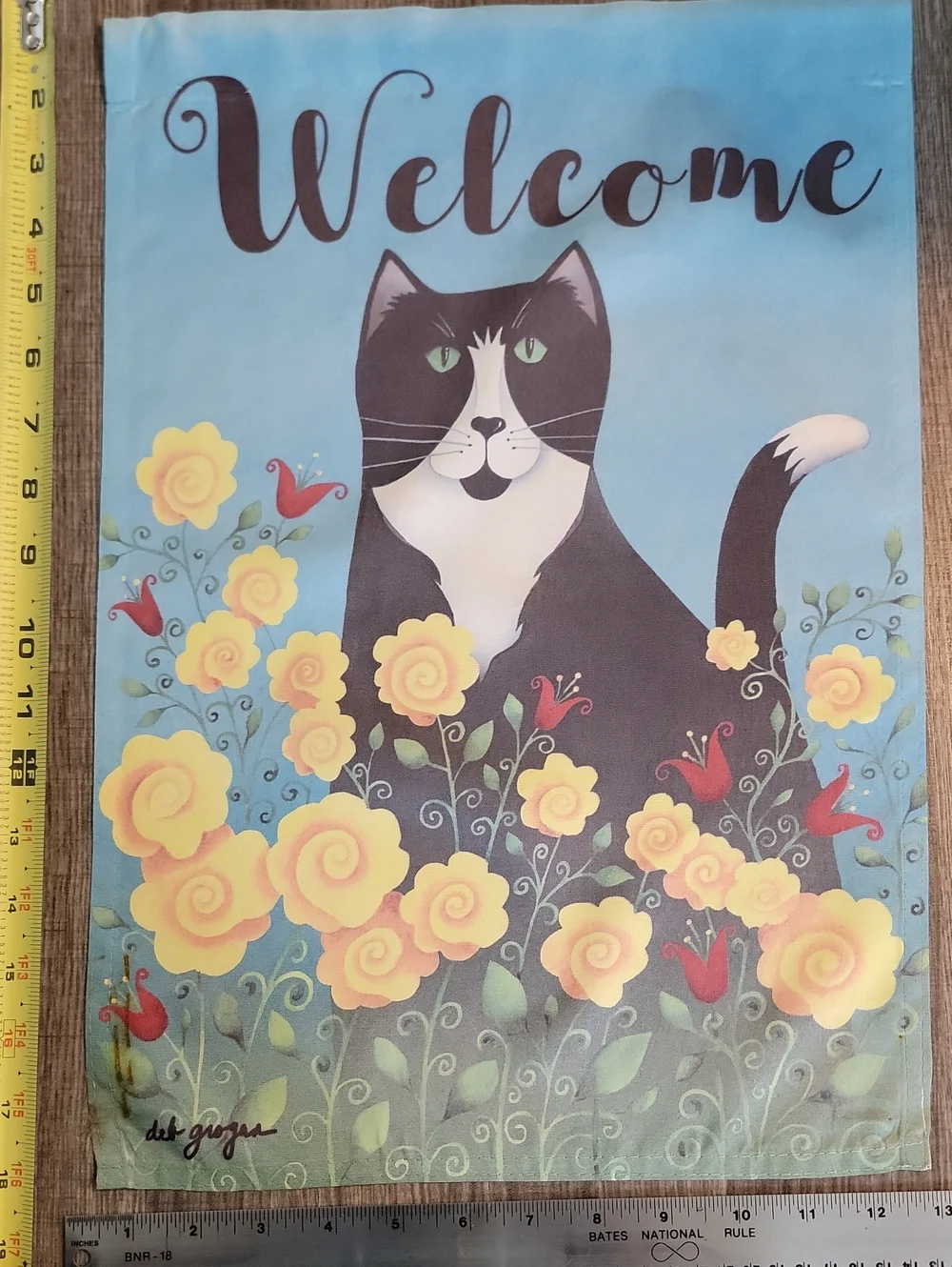 Decorative Spring Garden Flag Blue Background! Cat & Flowers
